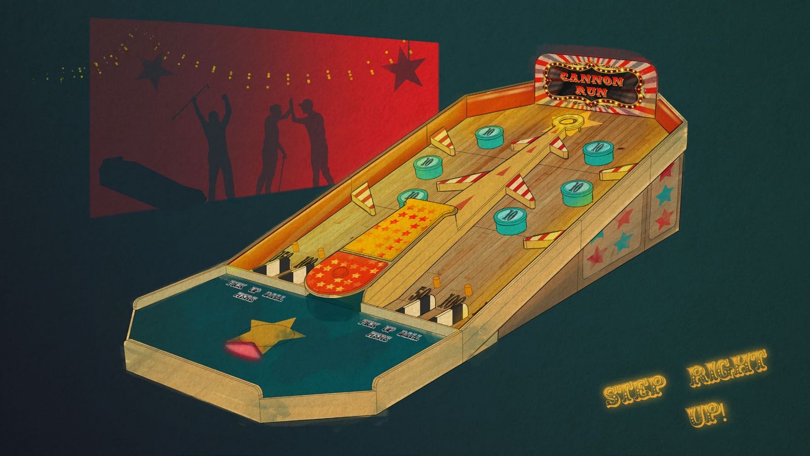 Concept of the Cannon Run hole: a fairground lane with scoring pucks and striped deflectors
