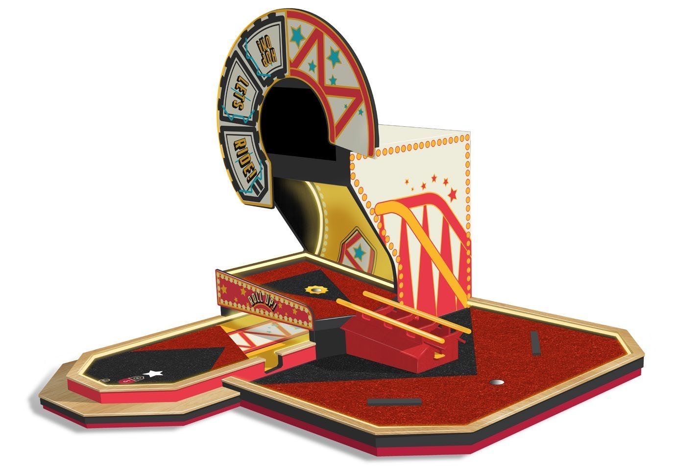 Concept of a carnival ride hole with a tunnel loop, a roll-up gate and red carpet