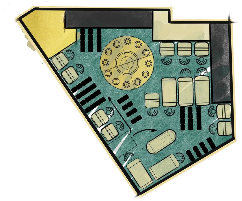 Concept floor plan of The Nest lounge with its round chef’s table and booths