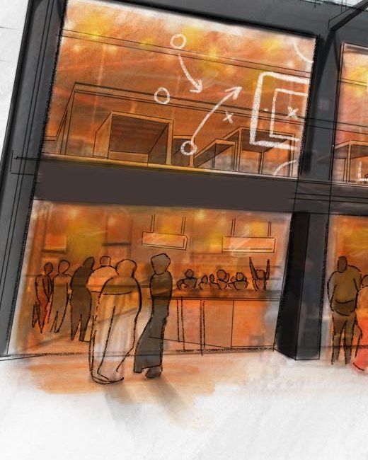 Detail of the storefront sketch showing guests gathered at the bar