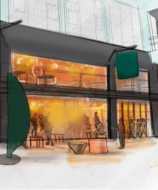 Detail of the storefront sketch: guests at the tables behind the ground-floor windows