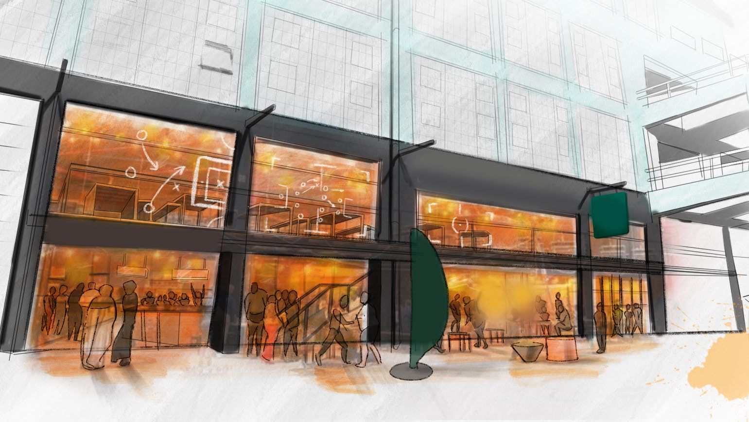 Concept sketch of the Birdie Hour storefront at night: two floors of glowing windows and guests inside